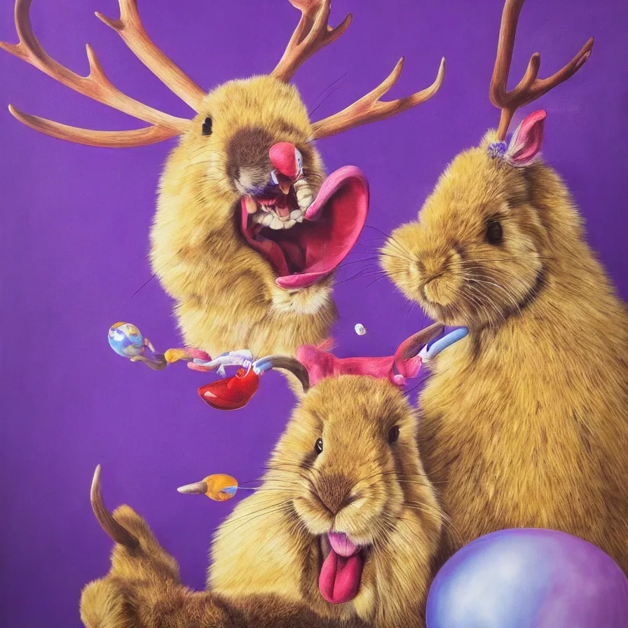 Image similar to rare hyper realistic portrait painting by raden wijaya, studio lighting, brightly lit purple room, a blue rubber ducky with antlers laughing at a giant laughing rabbit with a clown mask