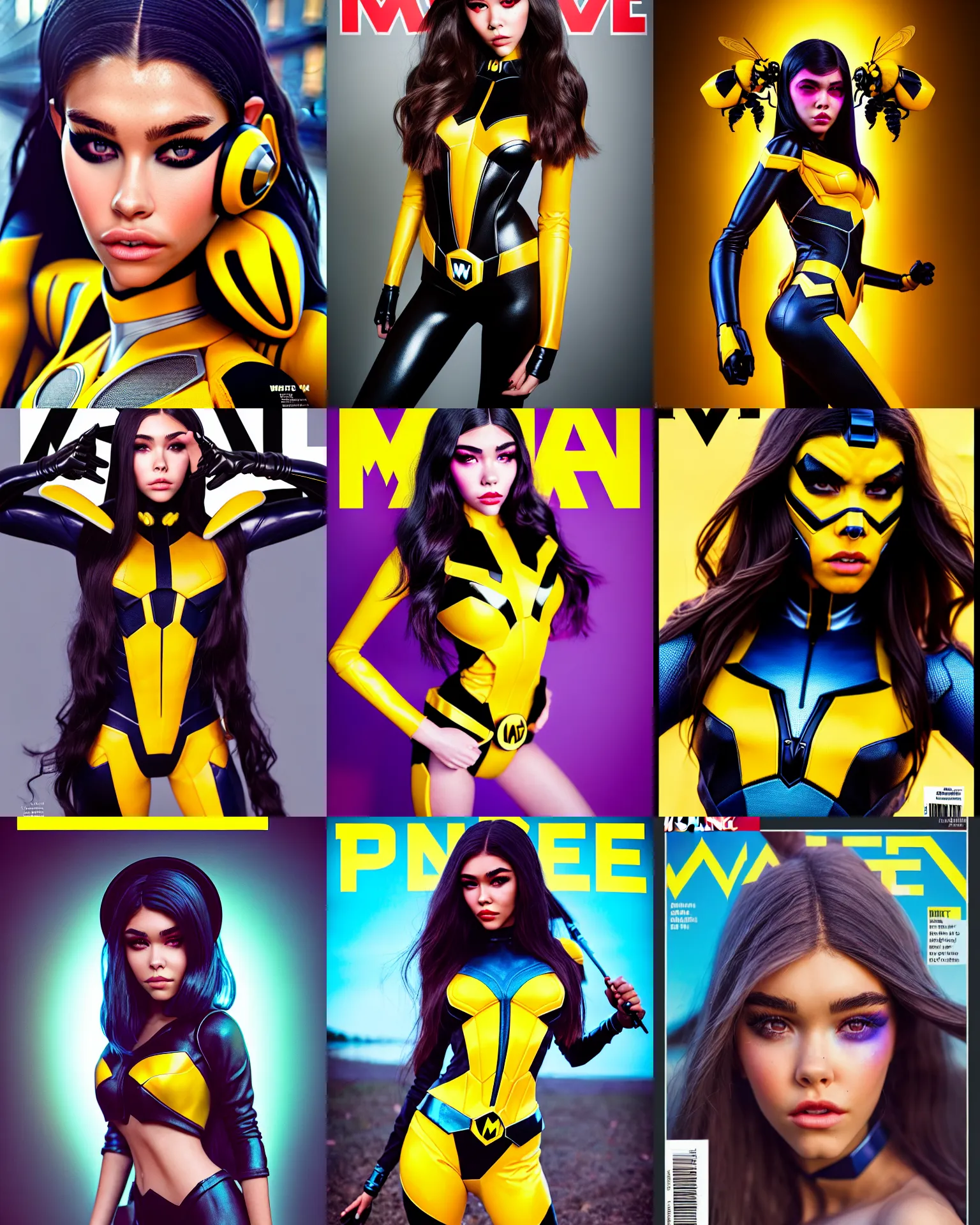 Prompt: magazine cover portrait photo of madison beer : : college woman : : as marvel hero bumblebee woman by weta : : by greg rutkowski, wlop, rossdraws, artgerm, pixar, marvel, colorful rave makeup, leeloo, unreal engine, glossy skin, boutinela, pearlescent, shiny, 4 k, hdr, bright morning, : :