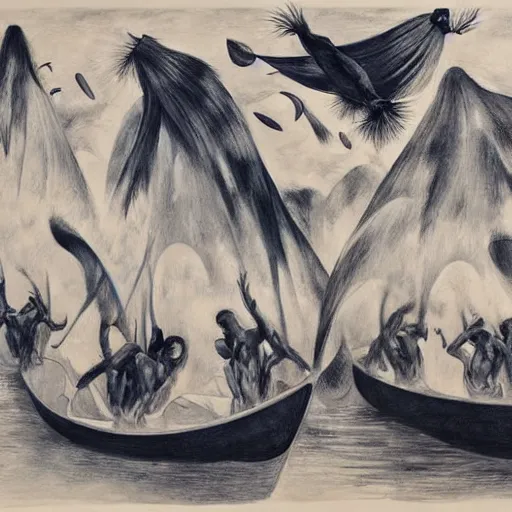 Image similar to by marco mazzoni, by ernst wilhelm nay relaxed, spirited. the performance art of a huge wave about to crash down on three small boats. the boats are filled with people, & they all look terrified.