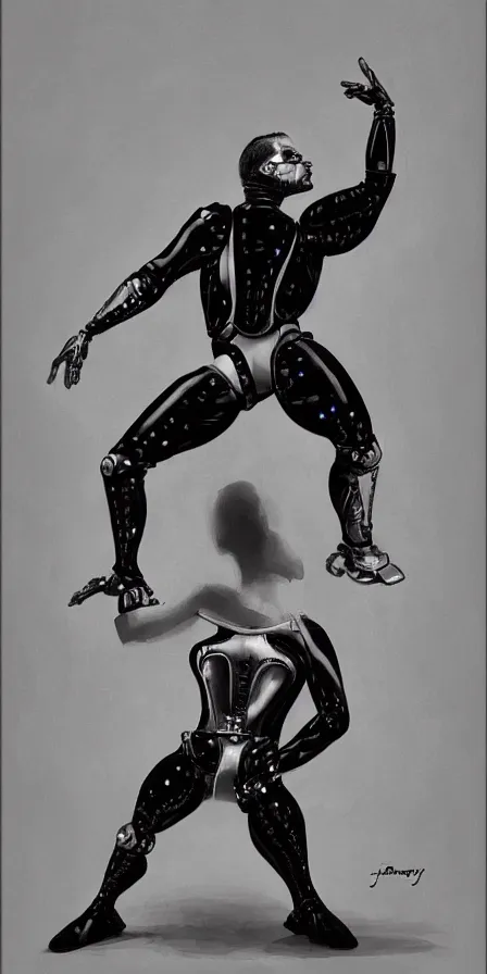 Image similar to wide lens photo of a human shaped showman dancing cyborg with two arms and two legs by james gurney, trending on artstation, film still