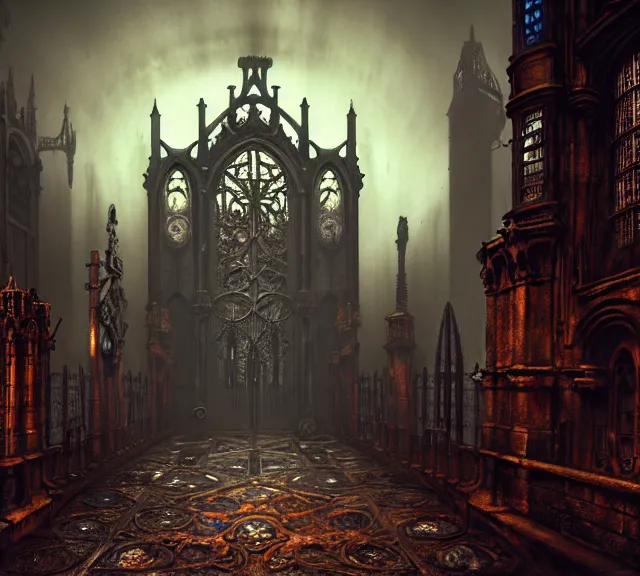 Image similar to steam necropolis, memento mori, gothic, neo - gothic, art nouveau, hyperdetailed copper patina medieval icon, stefan morrell, philippe druillet, ralph mcquarrie, concept art, steampunk, unreal engine, detailed intricate environment, octane render, moody atmospherics, volumetric lighting, ultrasharp, ominous, otherworldly