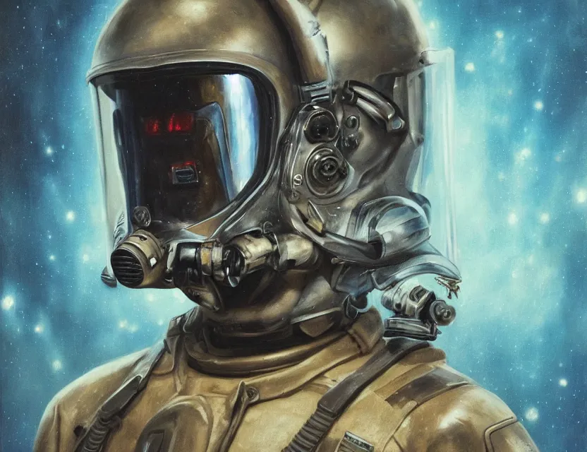 Prompt: a detailed portrait painting of a lone bounty hunter pilot wearing combat armour, gas mask and a reflective visor. Glass. Head and chest only. Movie scene, cinematic sci-fi scene. Flight suit, cloth and metal, accurate anatomy. portrait symmetrical and science fiction theme with lightning, aurora lighting. clouds and stars. Futurism by beksinski and tuomas korpi. baroque elements. baroque element. intricate artwork by caravaggio. Oil painting. Trending on artstation. 8k