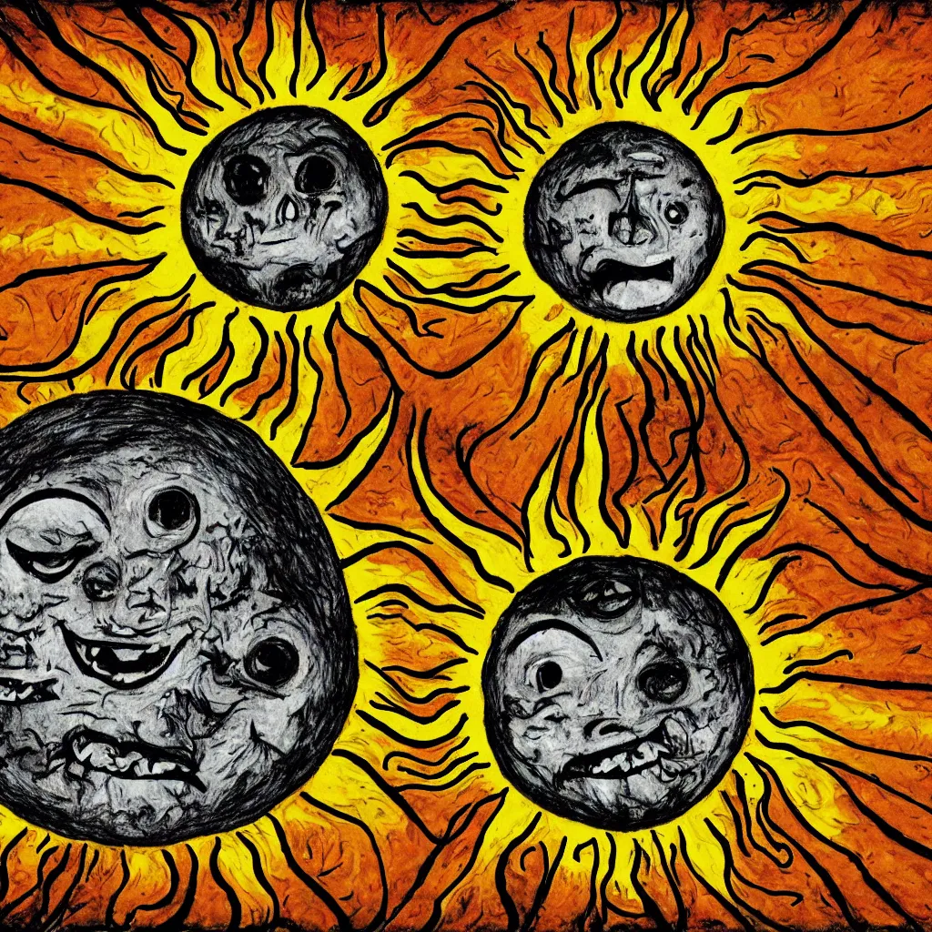 Prompt: creepy sun with a bad teeth greetings humans, trippy, bad trip, acid colors, glitches, trauma, primitivism, child drawing