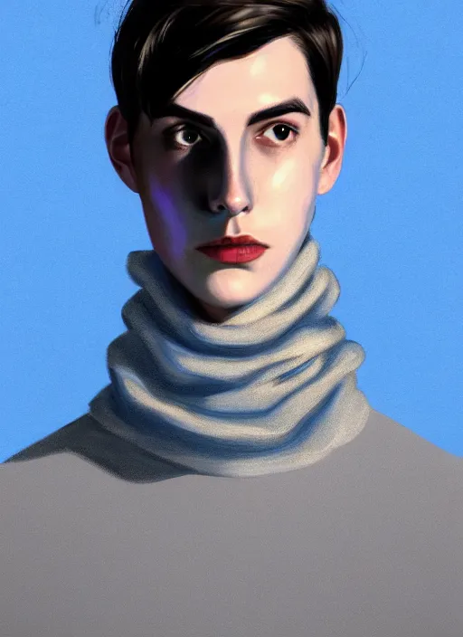 Image similar to portrait of teenage jughead jones wearing a light grey crown, crown, blue turtleneck, 1 9 5 0 s, closed eyes, photorealistic, black hair, glowing lighting, intricate, elegant, glowing lights, highly detailed, digital painting, artstation, concept art, smooth, sharp focus, illustration, art by wlop, mars ravelo and greg rutkowski