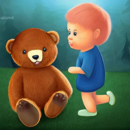 Prompt: a real bear playing with a doll's toy.. cartoon. digital art. high quality. high fidelity. cute.