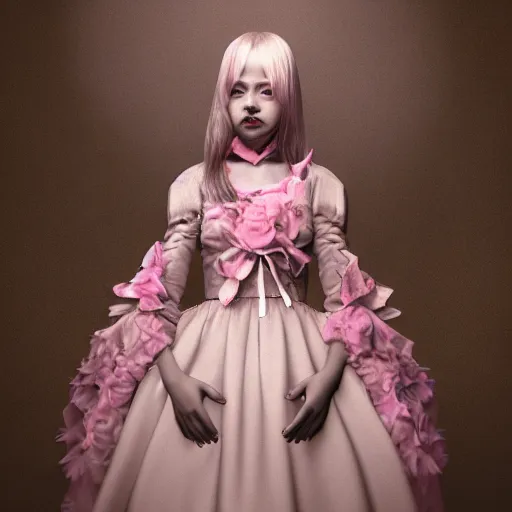 Image similar to 8 k, octane render, realism, tonalism, renaissance, rococo, baroque, cotton candy, portrait of a creepy young lady wearing long - harajuku manga flowers and skulls dress