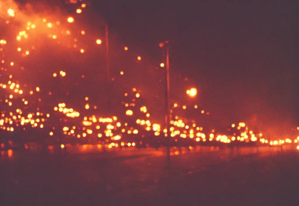 Prompt: lomo photo of a large burning bridge, cinestill, bokeh, out of focus, night, dramatic lighting