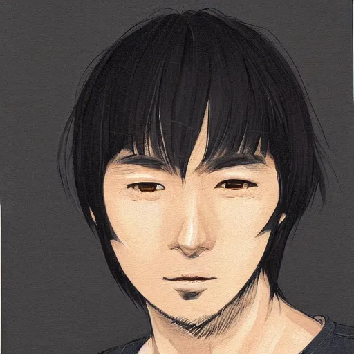 Image similar to anime portrait of a man by mahiro maeda, he is about 3 0 years old, short black hair with bangs, his features are a mix between french, turkish and russian and he is wearing a beige and black utility jumpsuit, highly detailed portrait, digital painting, artstation, concept art, smooth, sharp foccus ilustration, artstation hq