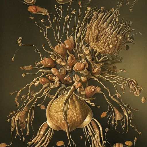 Image similar to disgusting disturbing dutch golden age bizarre mutant insect flower floral still life with many human toes realistic human toes blossoming everywhere very detailed fungus tumor disturbing tendrils bizarre slimy forms sprouting up everywhere by rachel ruysch black background chiaroscuro dramatic lighting perfect composition high definition 8 k 1 0 8 0 p