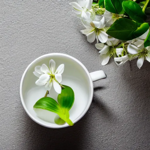 Image similar to ceramic mug surrounded by white flowers and green leaves, soft clean zen minimalist, white background, brightly lit, cool crisp