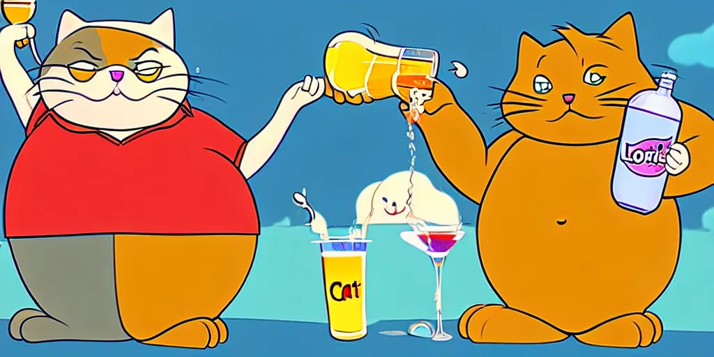 Prompt: chubby cartoon concept art, cat drinking soda, from lorax movie, spiral clouds, sam and max