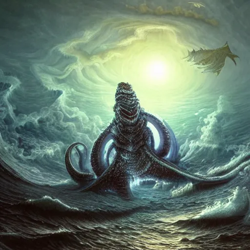 Prompt: a fractal leviathan rising from the sea over a small costal town, 8 k, detailed, unreal, eldritch, horror, ocean, kraken, viking, lovecraft, painting