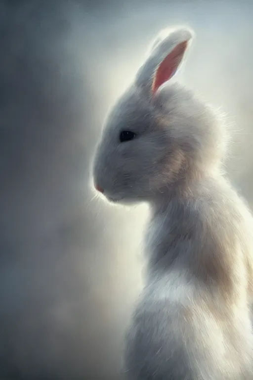 Prompt: white bunny with black spots on face and nose, realistic and ultra intricate detailed soft painting, volumetric lighting, mist, cityscape background, Artstation, Tom Bagshaw Yasushi Nirasawa Moebius artstyle, unreal render, depth of field ,