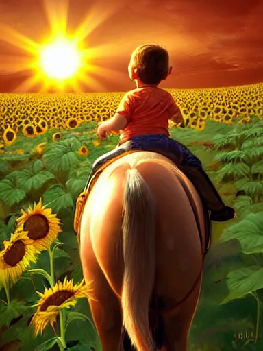 Image similar to a small happy todler, riding a horse in a sunflower field, a giant sun in the background. intricate, elegant, highly detailed, digital painting, artstation, concept art, sharp focus, illustration, by justin gerard and artgerm, 8 k