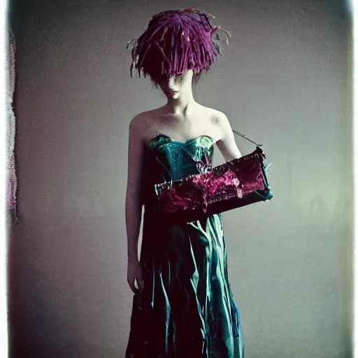 Image similar to kodak portra 4 0 0, wetplate, photo of a surreal artsy dream scene,, girl, weird fashion, extravagant dress, photographed by paolo roversi style