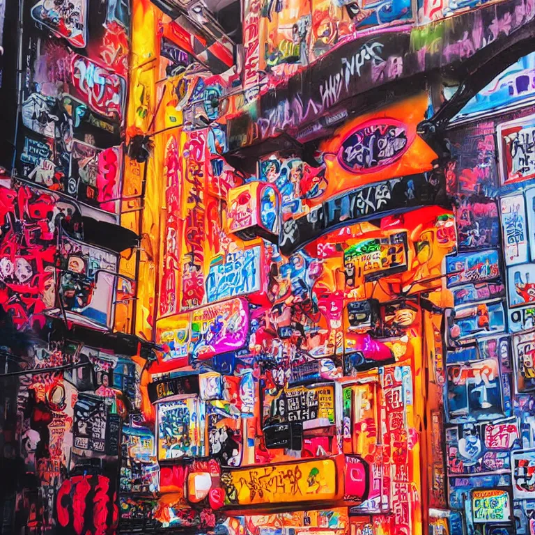 Prompt: Street-art painting on the wall in neon Tokio, photorealism