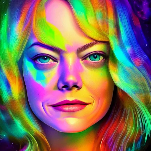 Prompt: surreal Emma Stone covered in chromatic distortions standing in mysterious place, beautiful, psychedelic, lsd, trending on artstation, artwork by Hughes, Edward Robert