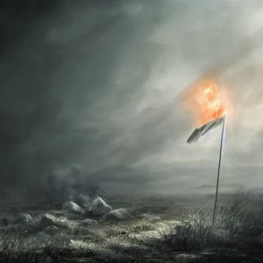 Prompt: a lone white flag flies on a massacred battlefield, smoke rises in the distance, fantasy, realistic, concept art, atmospheric, moody lighting