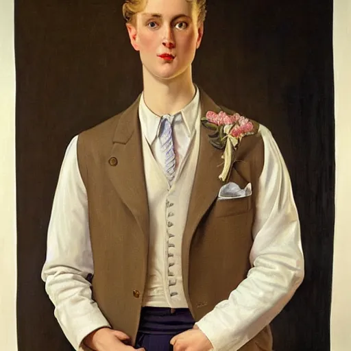 Image similar to beautiful Painting of lucius as a tailor, long blond drill curls, delicate androgynous prince, pale milky porcelain skin, sharp tan suit and waistcoat, by Leyendecker and Norman Rockwell