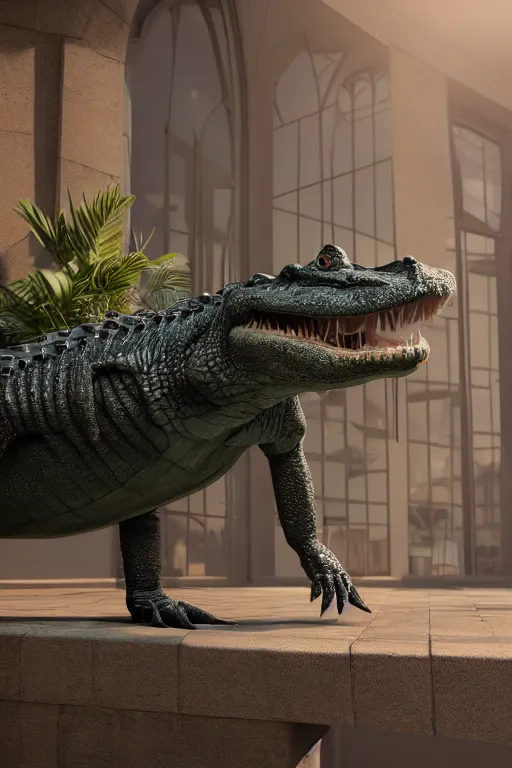 Image similar to a crocodile wearing a formal overcoat, Pixar style, 3D render, octane render, unreal engine 5, path tracing, cute, Disney style, 4K, natural lighting, high quality, highly detailed, low poly,