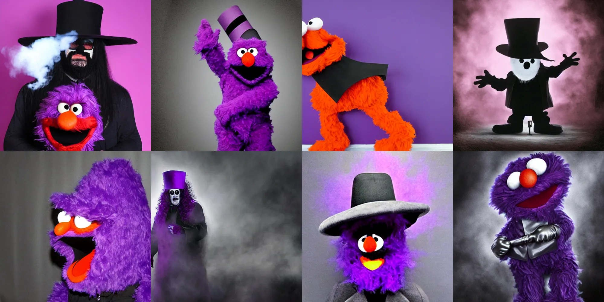 Prompt: Elmo dressed as The Undertaker, detailed, hyper realistic, purple fog, atmospheric