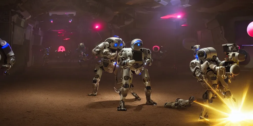 Image similar to a cinematic still of a laser tag game between robots, pixar monsters, and astronauts cinematography by Denis Villeneuve volumetric lighting