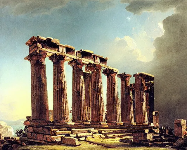 Prompt: ruins of ancient greek temple to zeus by hubert robert,