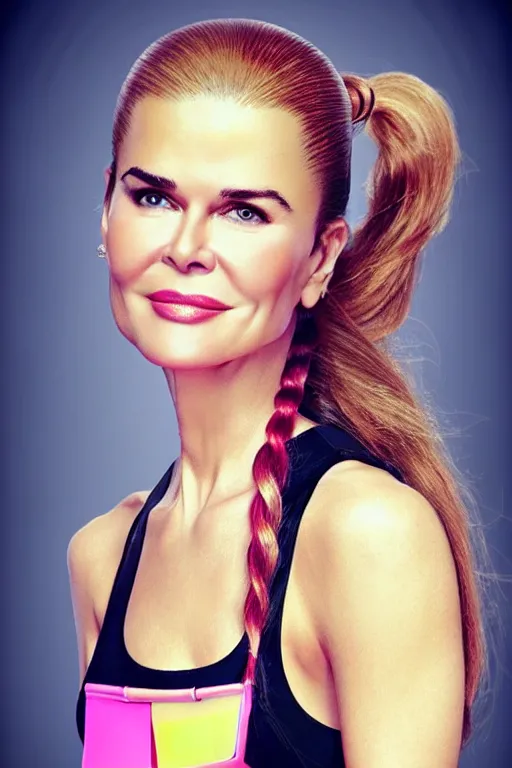 Prompt: mix of beautiful young maria shriver, mariel hemmingway, brooke shields, nicole kidman and elle macpherson as a zumba instructor, thin lips, hair tied up in a pony tail, dark blonde hair, colorful, artstation, cgsociety