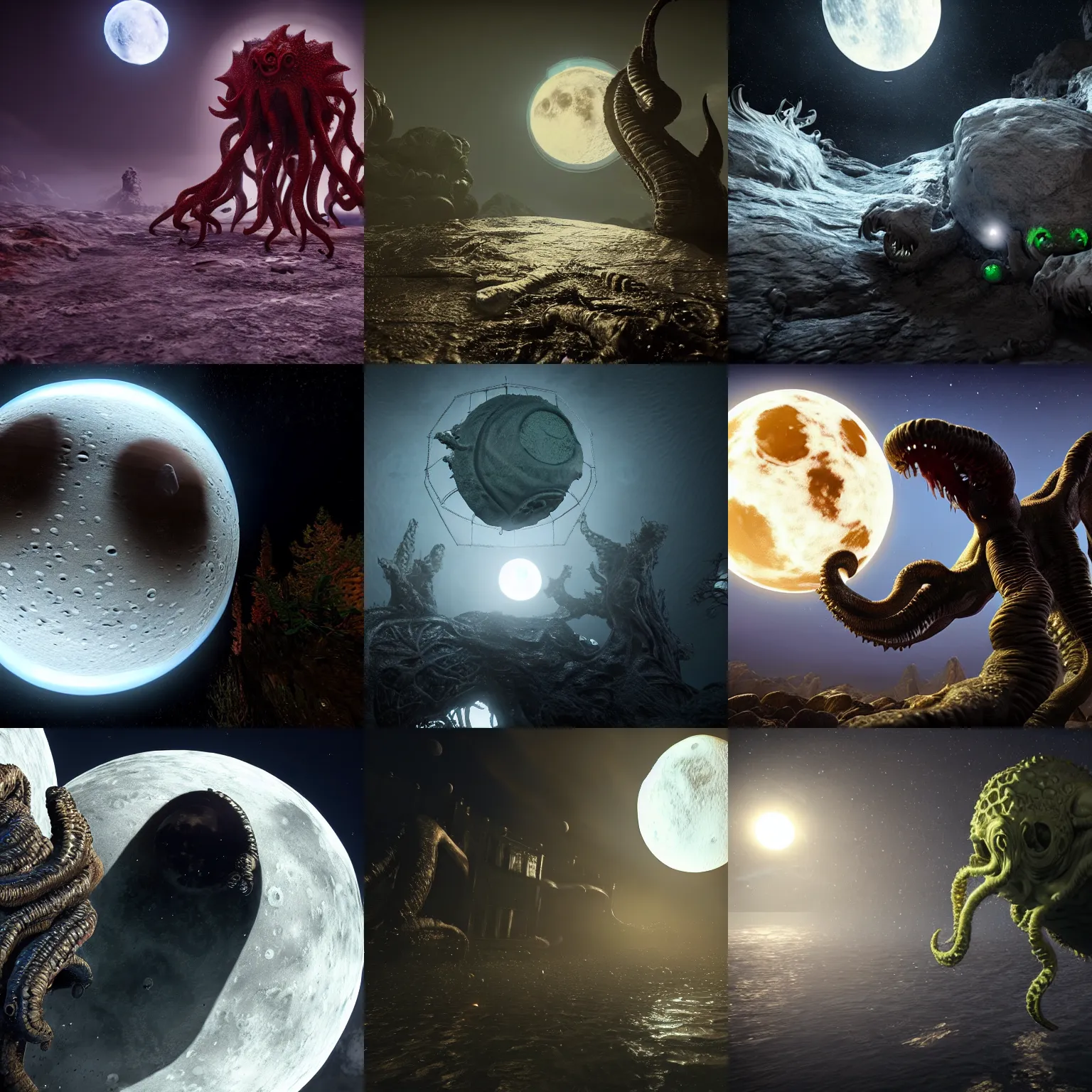 Prompt: lovecraftian horror cthulhu as the moon orbiting the earth, unreal engine, extremely detailed
