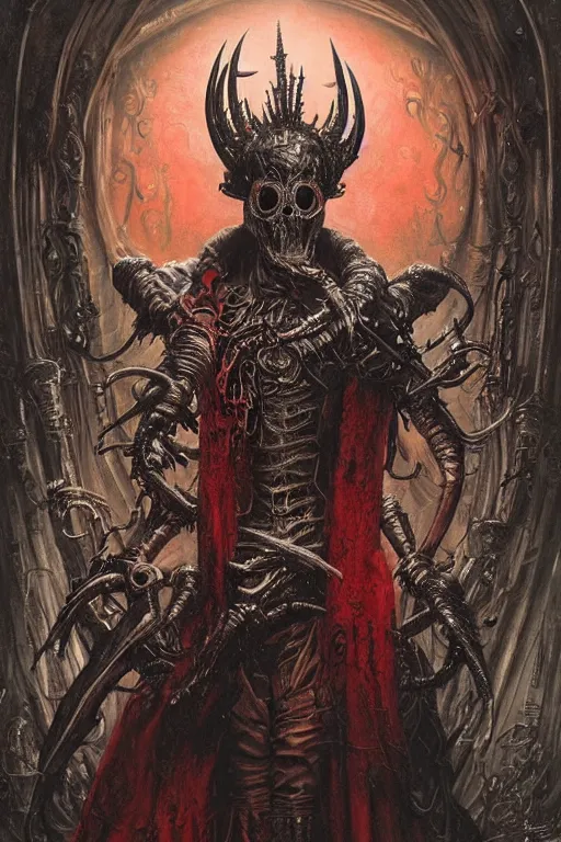 Prompt: beautiful stygian strange detailed portraitt of a male baroque steampunk one - eyed cyborg demon wearing a red tophat decorated with skulls and an arcane halo by hr giger, greg rutkowski, luis royo and wayne barlowe as a diablo, resident evil, dark souls, bloodborne monster