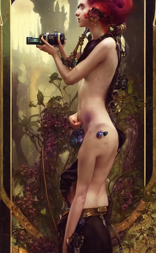 Image similar to hyper realistic photographer taking a picture, magical, gems, jewels, gold, steampunk, cyberpunk utopia, painted by tom bagshaw, mucha, gaston bussiere, craig mullins, j. c. leyendecker 8 k