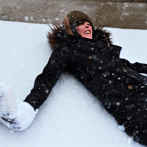 Prompt: kiera knightly making a snow angel