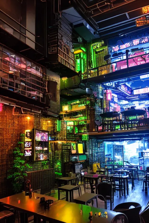 Image similar to full view, from a distance, of cyberpunk cafe in taipei, highly detailed