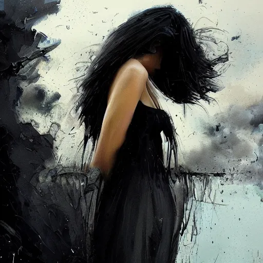 Image similar to morning, raven perching on the shoulder of a woman in a black dress. sun, cinematic, clouds, vogue cover style, contracting colors mood, realistic painting, intricate oil painting, high detail, figurative art, multiple exposure, poster art, 3 d, by simon bisley, ismail inceoglu, wadim kashin, filip hodas.