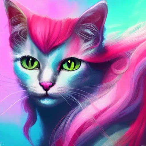 Image similar to colorful and festive cat with pink hair,. rich vivid colors, ambient lighting, dynamic lighting, 4 k, atmospheric lighting, painted, intricate, highly detailed by charlie bowater