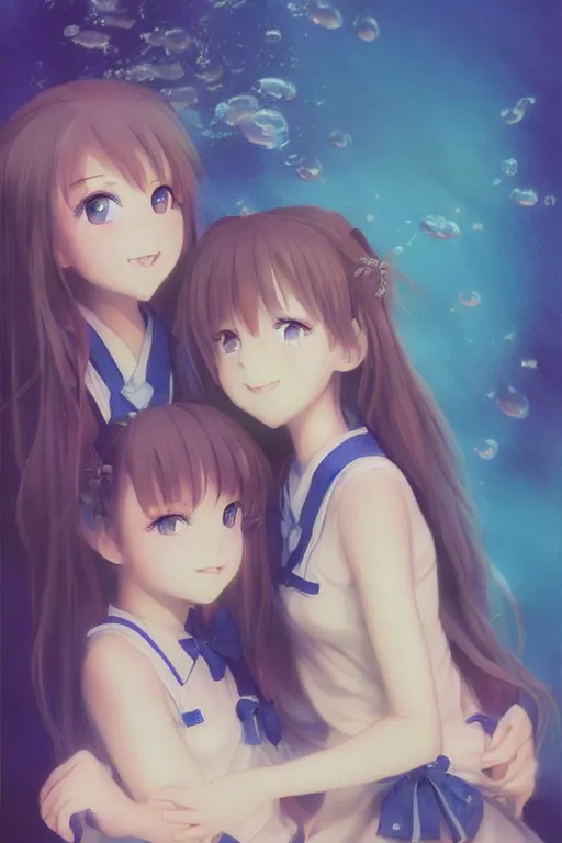 Prompt: a neat 3d infrared render portrait of beauty 3d anime schoolgirls hugged underwater. school best friends. blue water hawaii. ultra cutest face. dramatic light, trending on artstation, art by hiro kiyohara and hayao miyazaki oil painting.