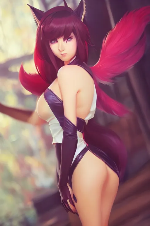 Image similar to ahri ( league of legends ) cosplay, anatomically correct, by ilya kuvshinov, greg rutkowski and makoto shinkai, trending on artstation