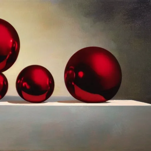 Prompt: chrome spheres on a red cube by john currin