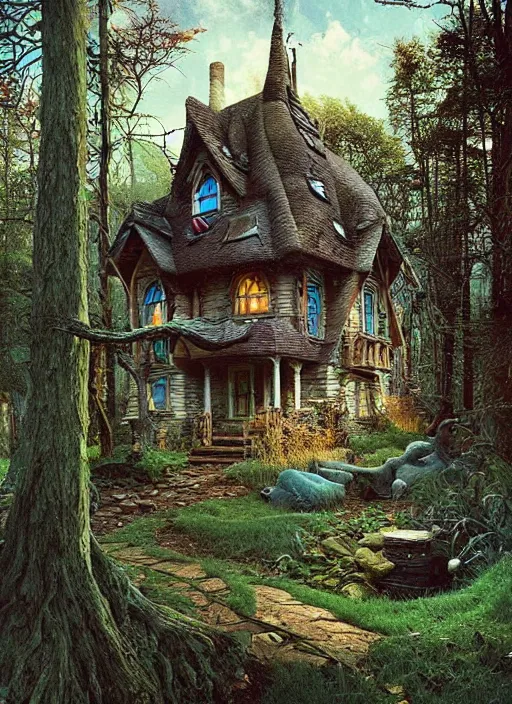 Image similar to hyper realistic homely ornate modern witch cottage far away in the woods gorgeous lighting, blue sky, highly detailed, lush forest by zdzisław beksinski and norman rockwell and greg rutkowskiweta studio, and lucasfilm