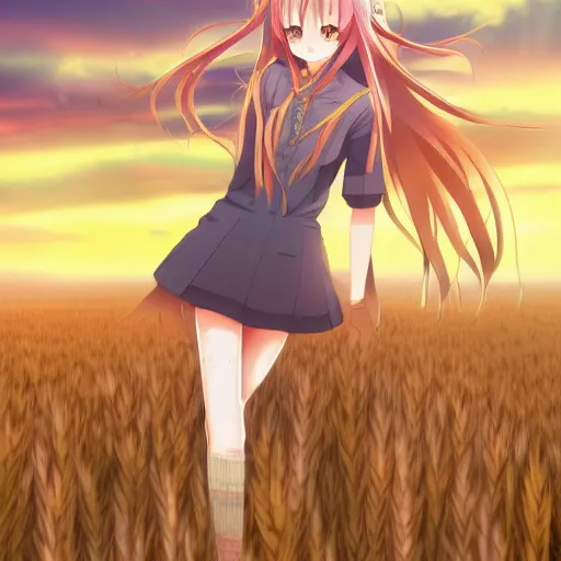 Image similar to anime illustration of Holo from Spice and Wolf standing in a wheat field at sunset, Holo if a wolf girl, high detail, trending on artstation