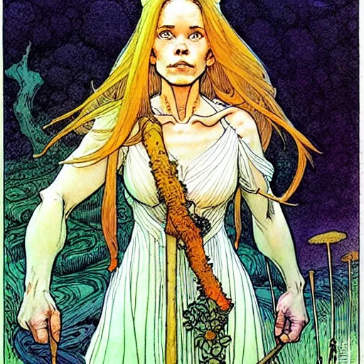 Image similar to a beautiful portrait of sanna!!!!! marin!!!!!, the young female prime minister of finland as a druidic wizard by rebecca guay, michael kaluta, charles vess and jean moebius giraud