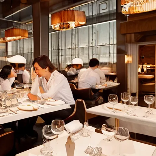 Prompt: a high-end restaurant where robots feed you by hand