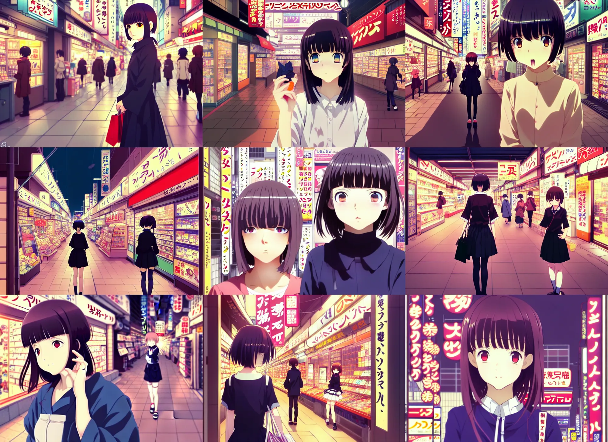 Prompt: anime visual, low light portrait of a curious young woman shopping in akihabara, cute face by ilya kuvshinov, yoh yoshinari, dynamic pose, dynamic perspective, cel shaded, flat shading mucha, rounded eyes, moody, kyoani, natsume yuujinchou, smooth facial features, gits anime