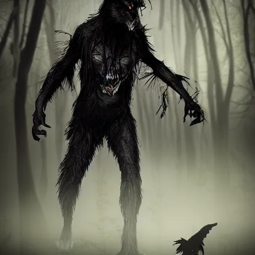 Image similar to werecreature consisting of a crow and a human, featured on artstation, photograph captured in a dark forest