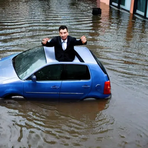 Image similar to A photo of a man in suit sitting on the top of a car in a flooded street, looking at his phone