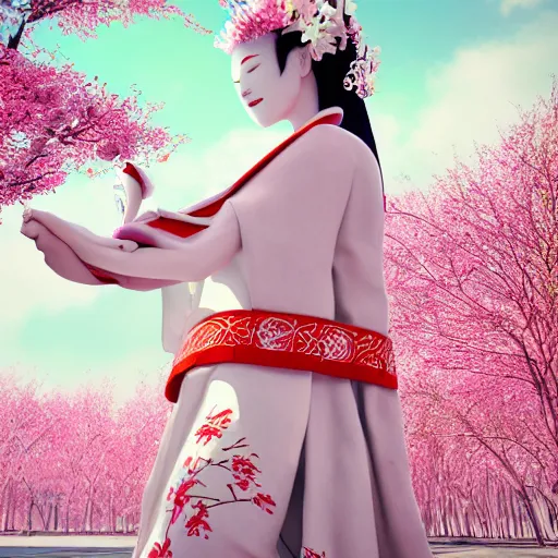 Prompt: beautiful albino maiko in the beach with sakura flowers, detailed background, photograph, award wining, red and white, trending on artstation, punk attitude, 4k, unreal engine 5, octane render, neon highlights