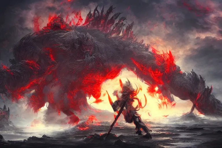 Prompt: concept art of attacking of huge red ogre ( oni ) with burning eyes, cinematic, dramatic perspective art station trending, by arthur braginsky