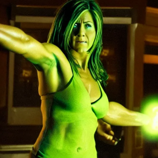 Prompt: jennifer aniston as she - hulk, film still, details, dramatic cinematic lighting, vfx, ilm, imax