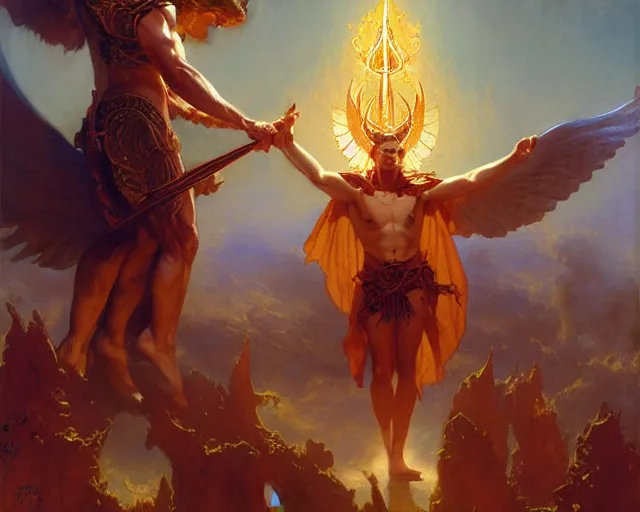 Image similar to attractive male deity, casting demonic magic, summoning handsome lucifer morning star. highly detailed painting by gaston bussiere, craig mullins, j. c. leyendecker 8 k