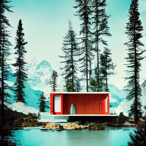 Image similar to wes anderson style modern futuristic house near the lake, snowy mountains and green forest, cinematic, realism, photo, detailed